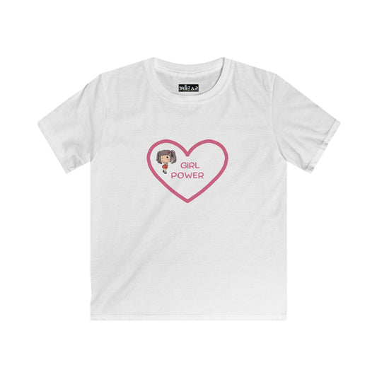 White kids t-shirt with girl power shirt kids design featuring heart and girl graphic