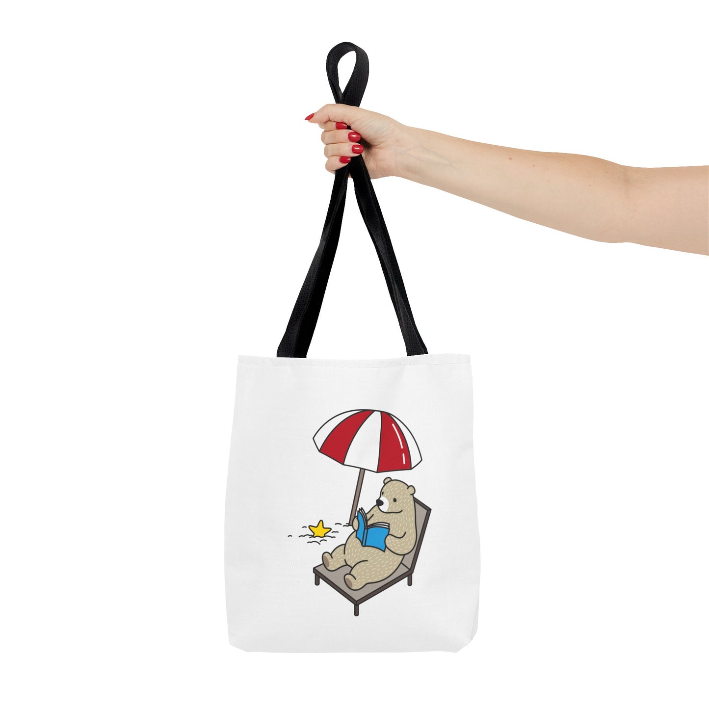 Printify summer beach tote with bear design featuring bear lounging under umbrella reading book