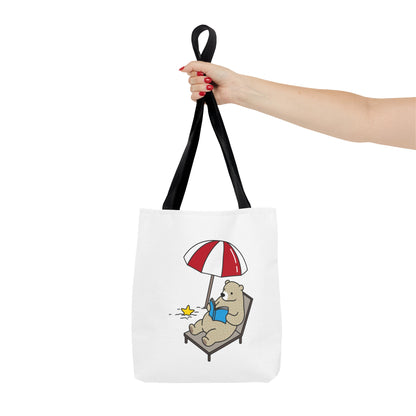 Printify summer beach tote with bear design featuring bear lounging under umbrella reading book