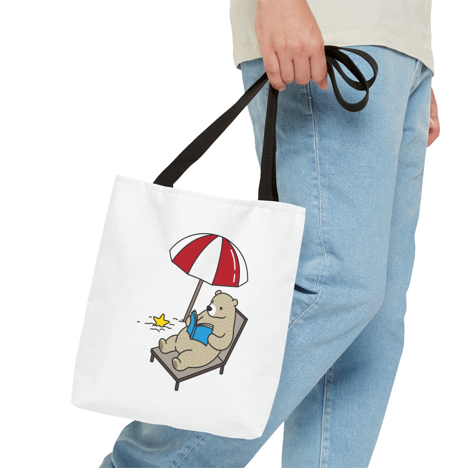  summer beach tote with bear design featuring a bear reading under a red and white umbrella