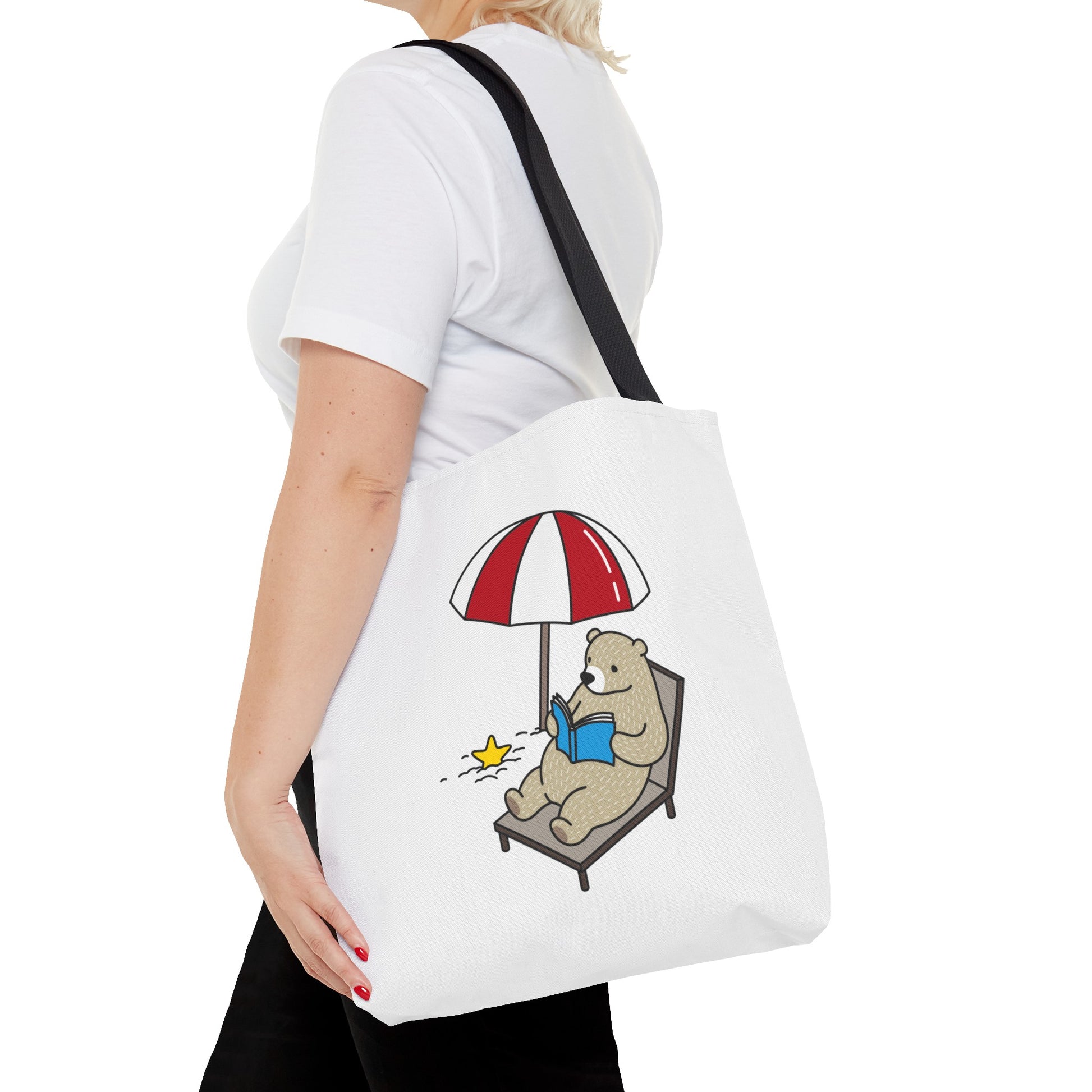 Printify summer beach tote with bear design showing bear reading under beach umbrella