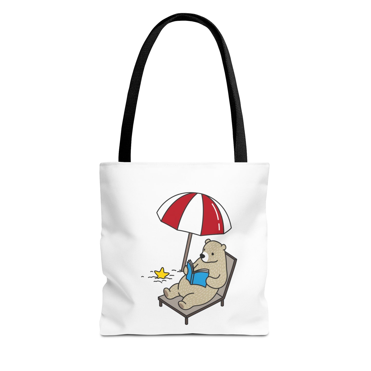 Printify summer beach tote with bear design featuring a bear reading under a beach umbrella