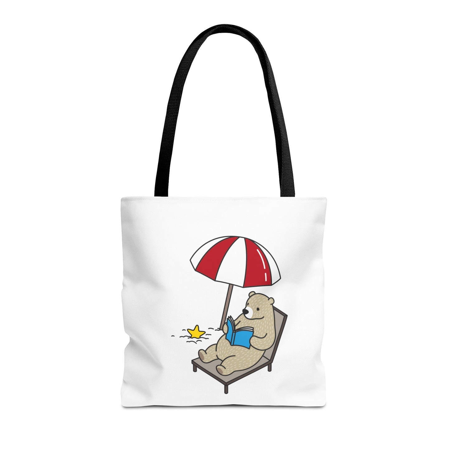  tote with bear design featuring a bear reading under a red and white umbrella