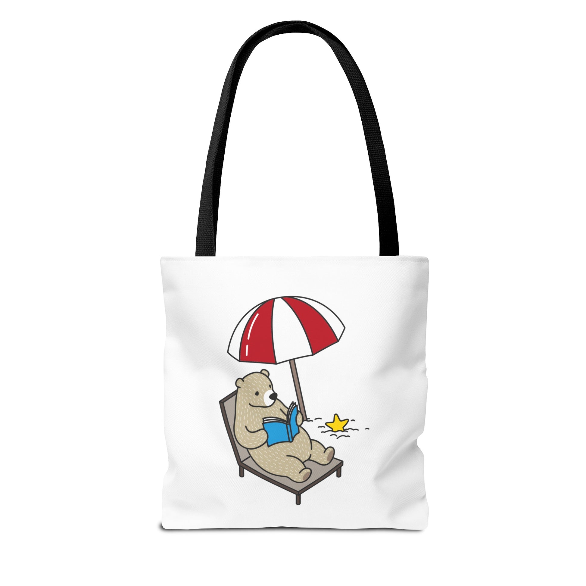 Printify summer beach tote with bear design featuring a bear lounging under a red umbrella reading a book