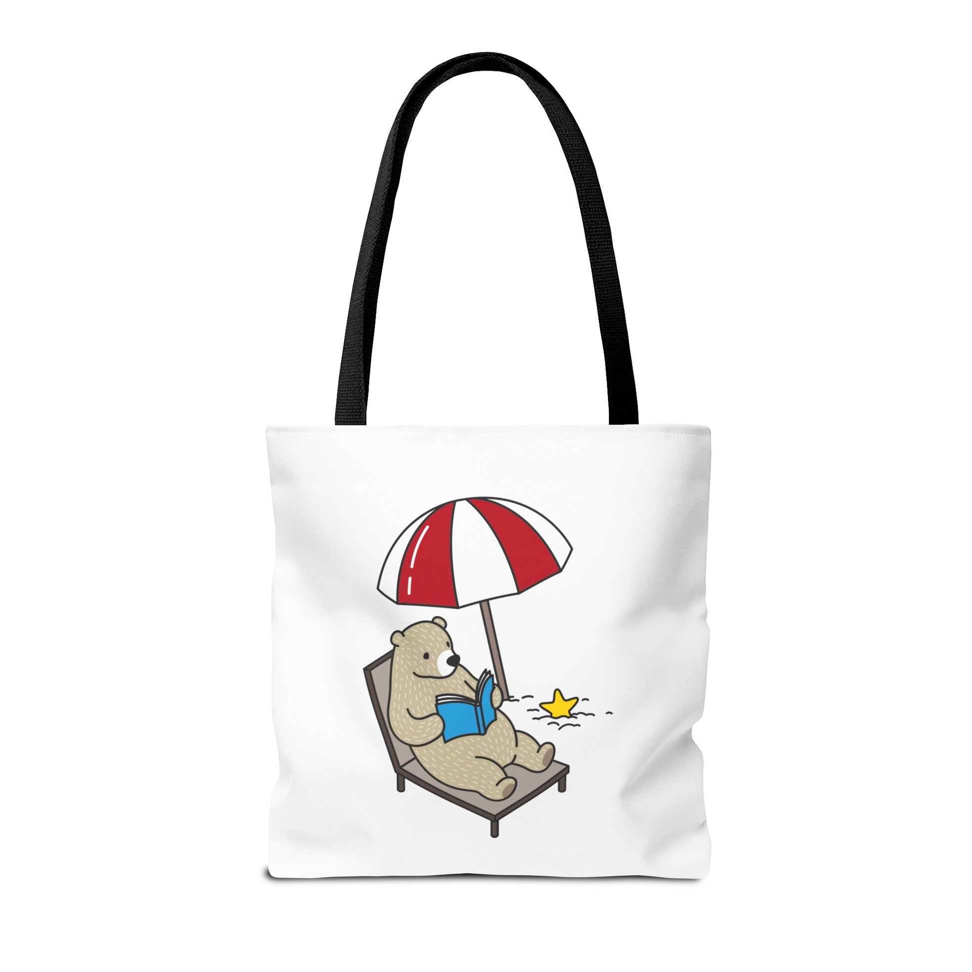 Printify summer beach tote with bear design featuring bear reading under red and white umbrella
