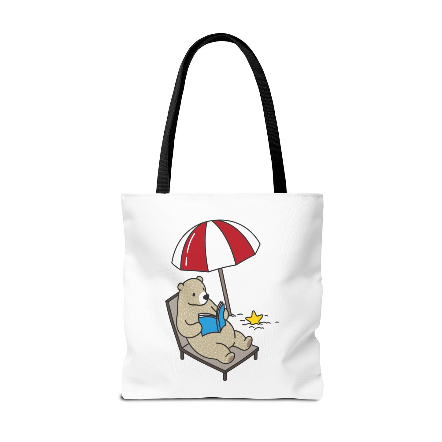 summer beach tote with bear design showing a bear reading under a red and white umbrella