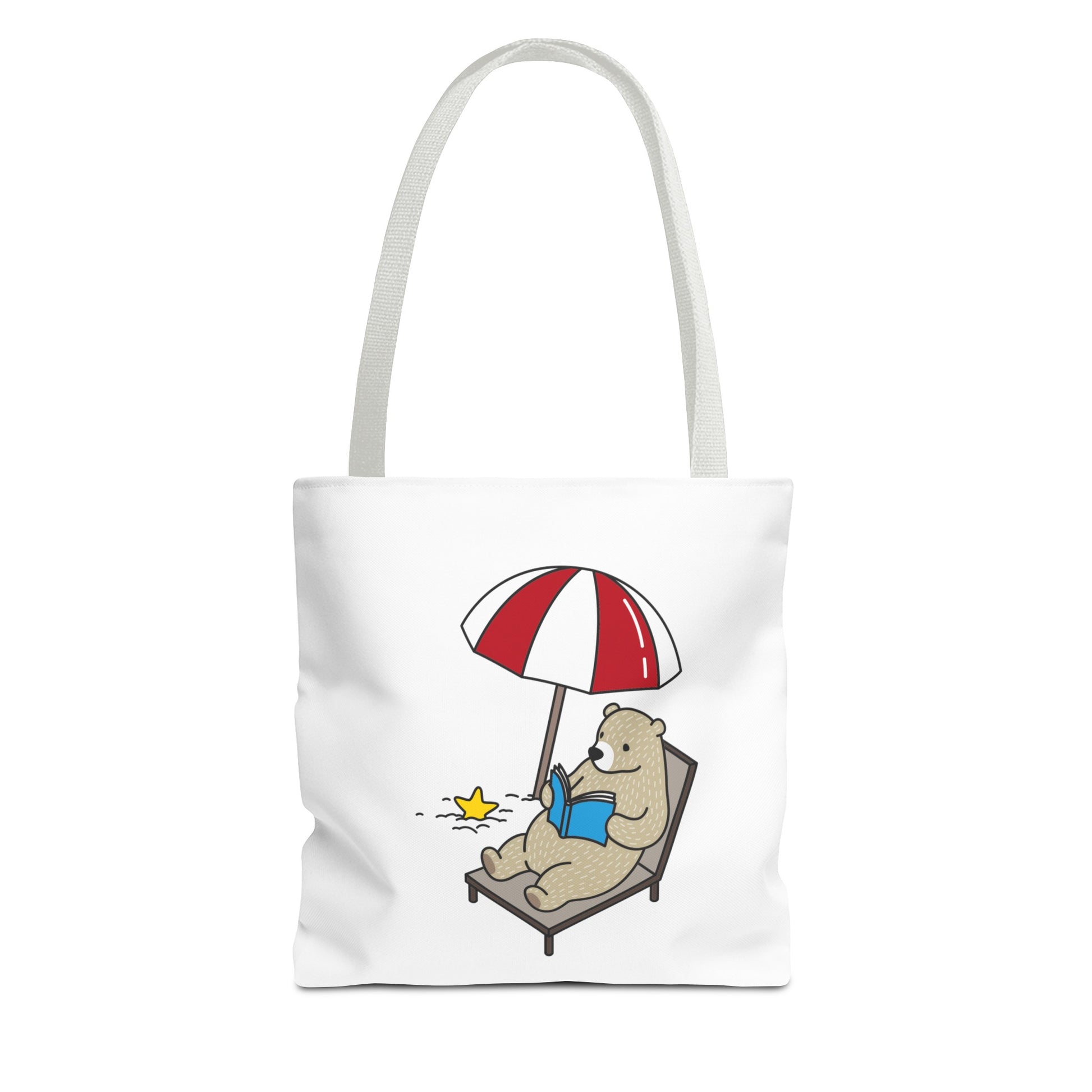 summer beach tote with bear design featuring a bear reading under a red and white umbrella