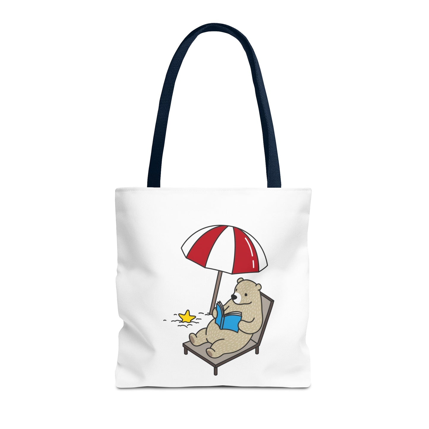 summer beach tote with bear design featuring bear reading under red and white umbrella