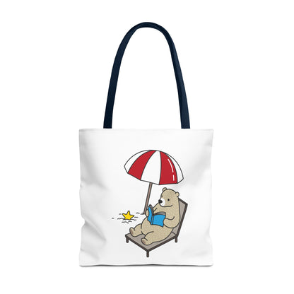 Printify summer beach tote with bear design showing a bear reading under a beach umbrella