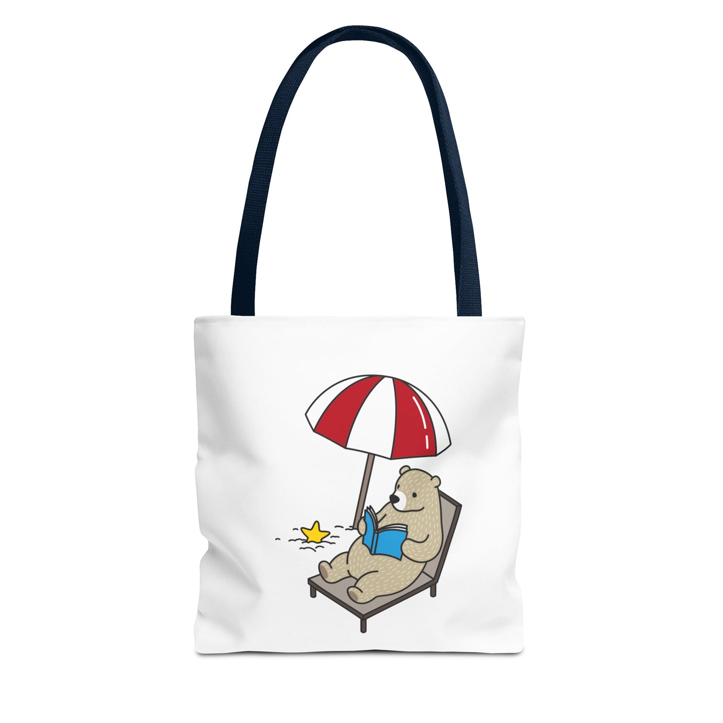 summer tote with bear design featuring a bear reading under a red and white umbrella