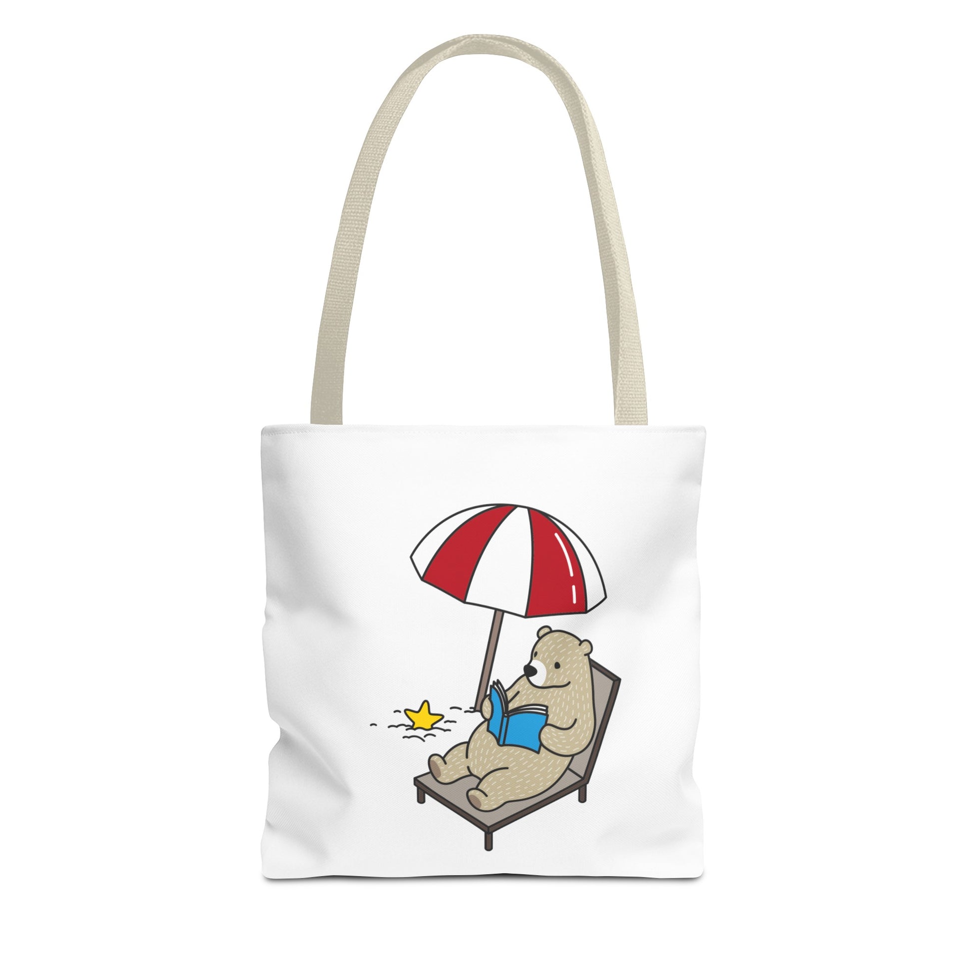 Printify summer beach tote with bear design showing a bear reading under a red and white umbrella