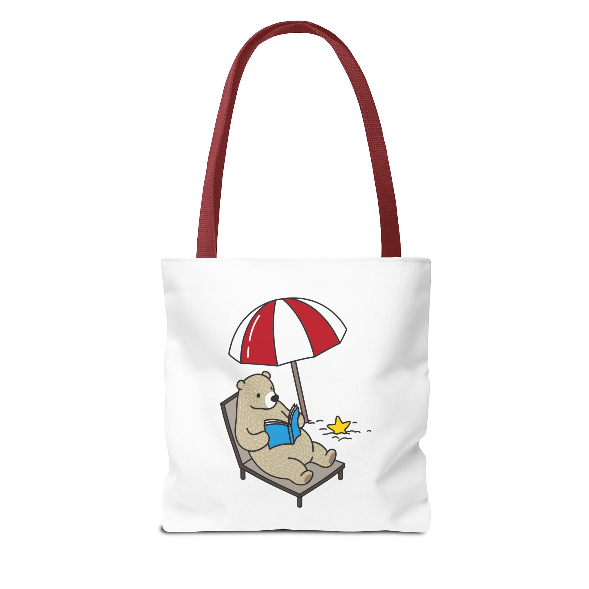 Printify summer beach tote with bear design featuring a bear reading under a red and white umbrella