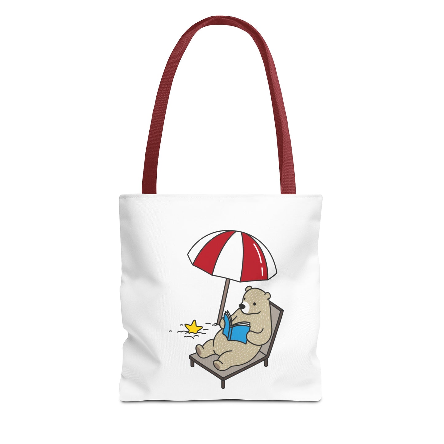 Printify summer beach tote with bear design featuring a bear reading under a red umbrella