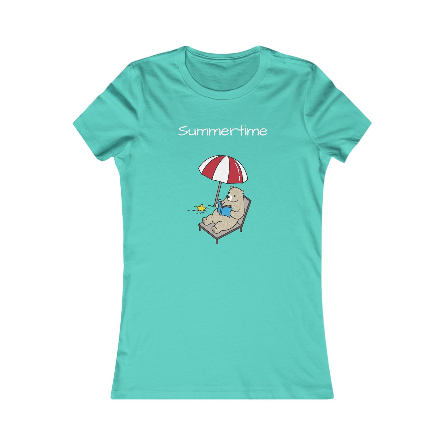 Turquoise summer bear graphic tee with bear lounging under beach umbrella and summertime text