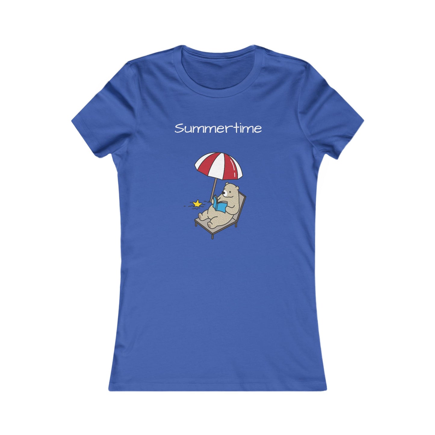 Printify blue summer bear graphic tee with bear relaxing under umbrella and summertime text