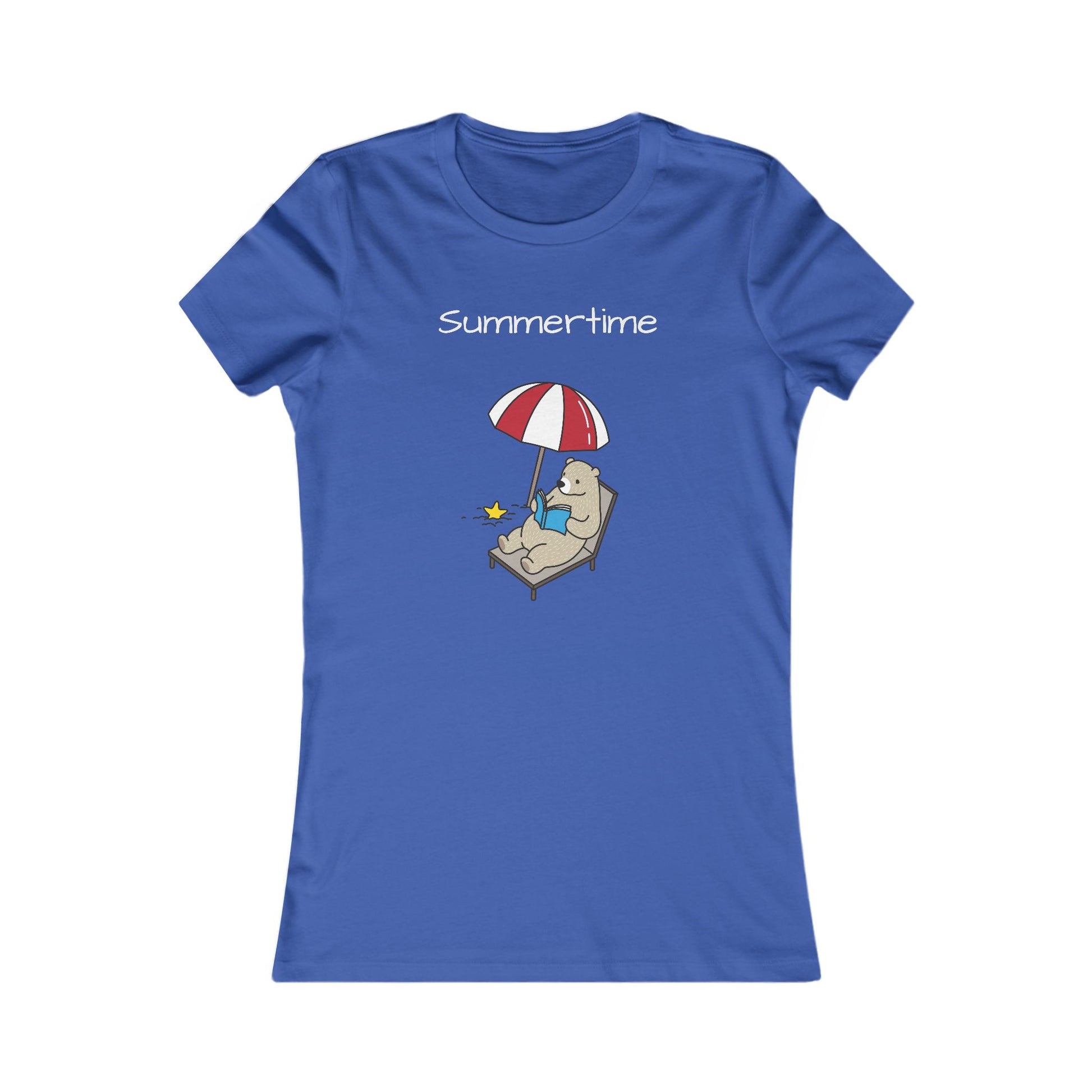 Printify blue summer bear graphic tee with bear relaxing under umbrella and summertime text