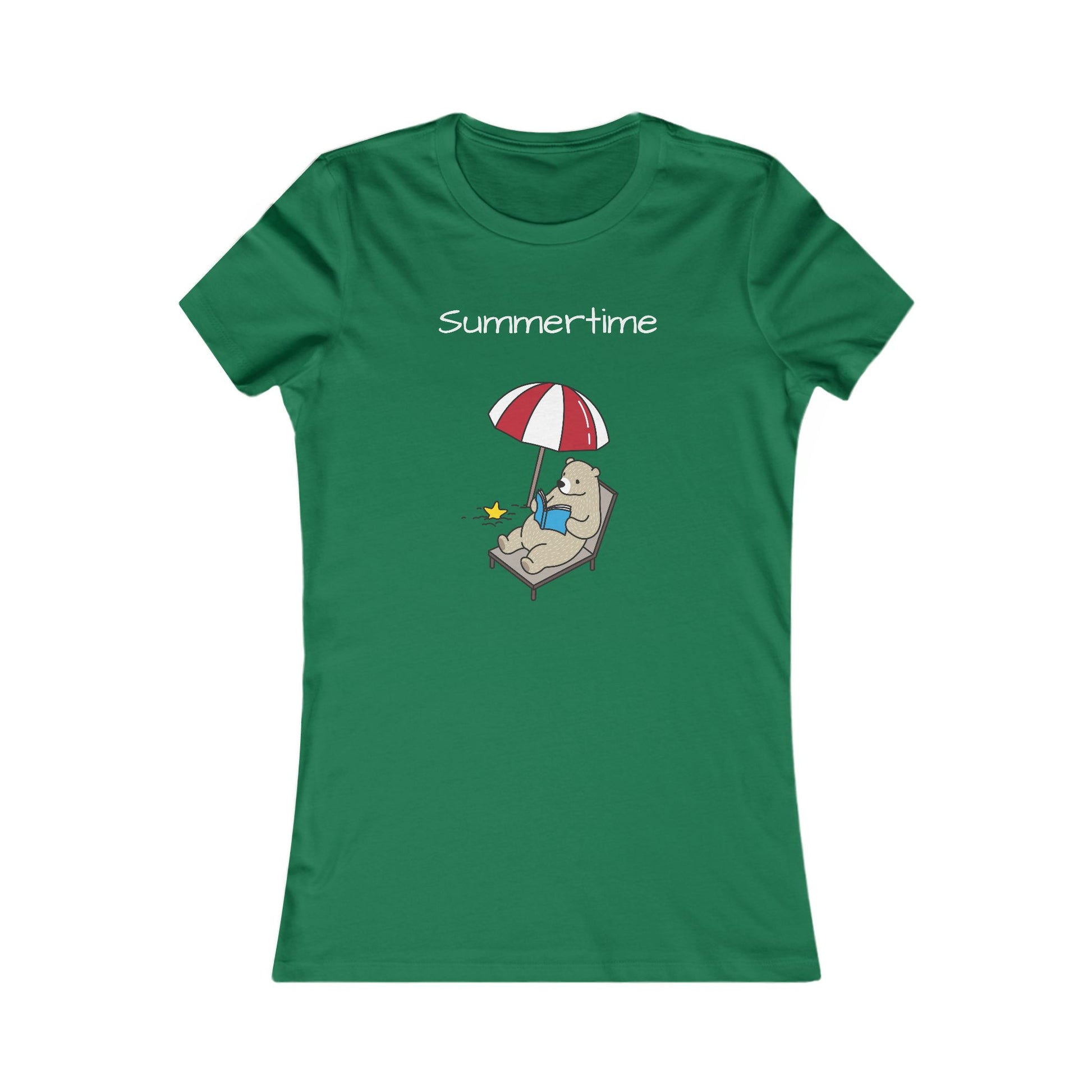 Green summer bear graphic tee with bear lounging under umbrella and text Summertime