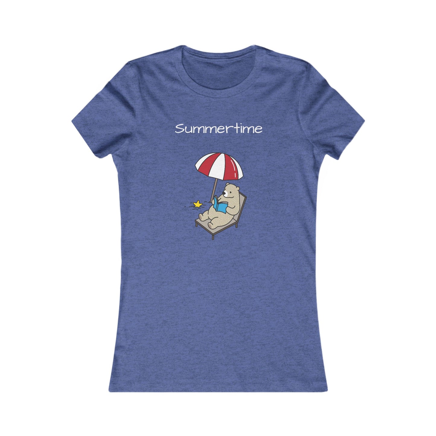 Blue summer bear graphic tee with a bear lounging under a red and white umbrella on a chair