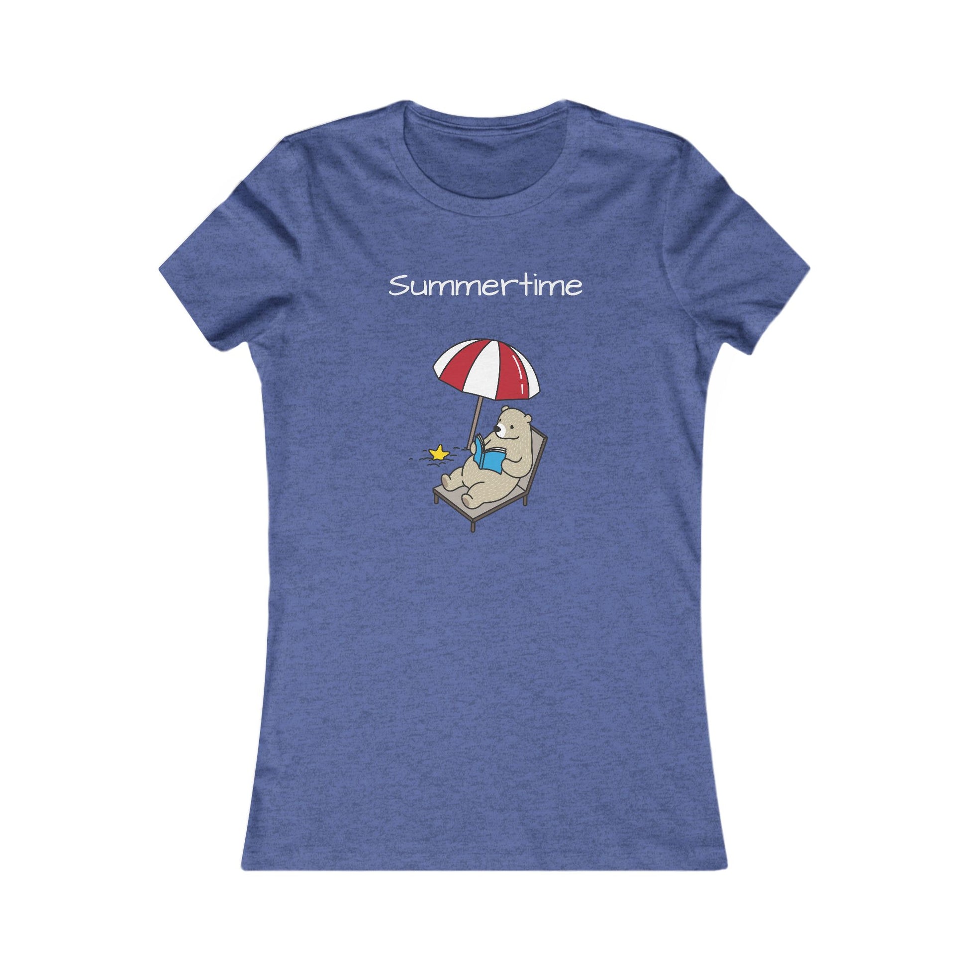 Blue summer bear graphic tee with a bear lounging under a red and white umbrella on a chair