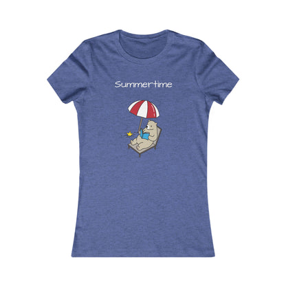 Blue summer bear graphic tee with a bear lounging under a red and white umbrella on a chair