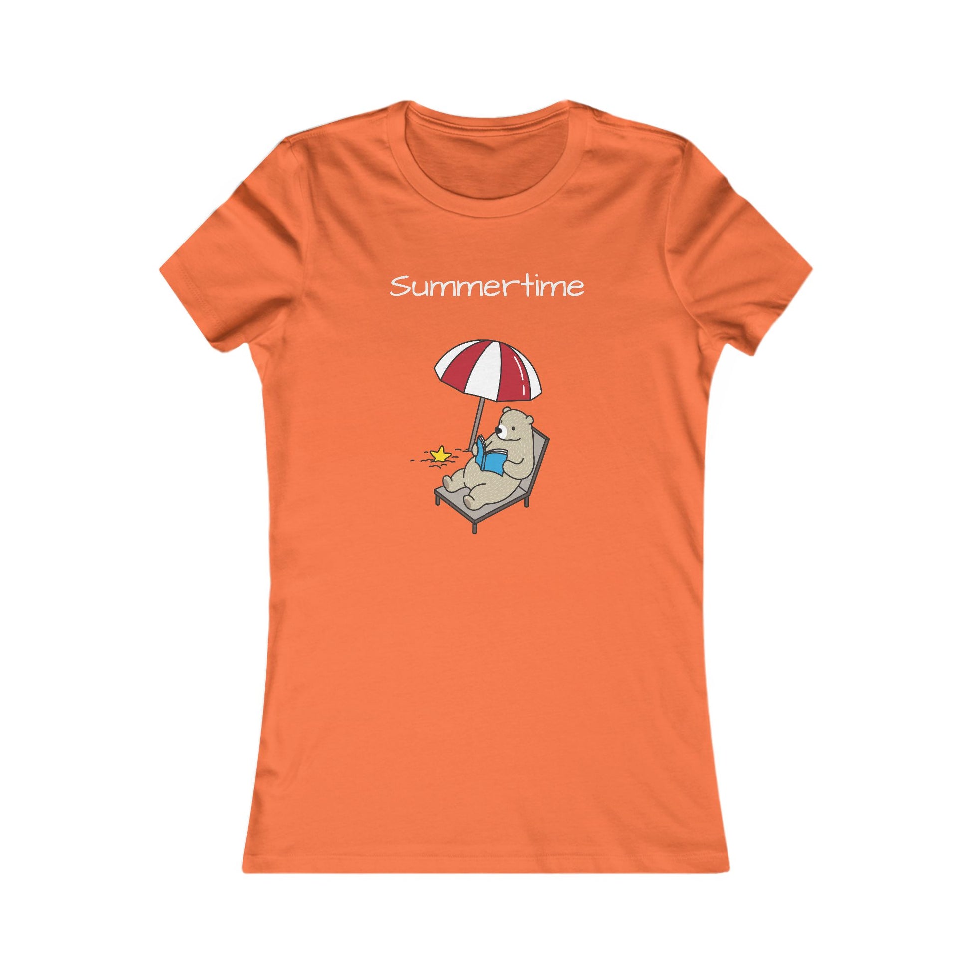 Orange Printify summer bear graphic tee with bear lounging under beach umbrella and summertime text
