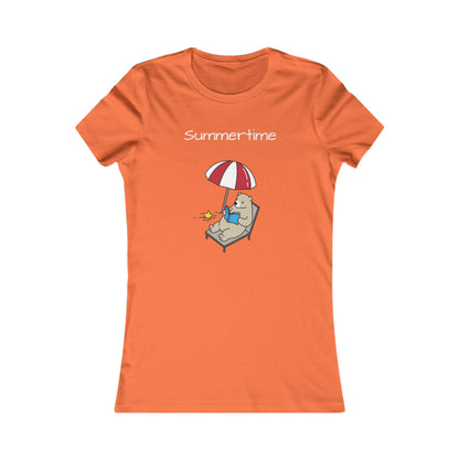 Orange Printify summer bear graphic tee with bear lounging under beach umbrella and summertime text