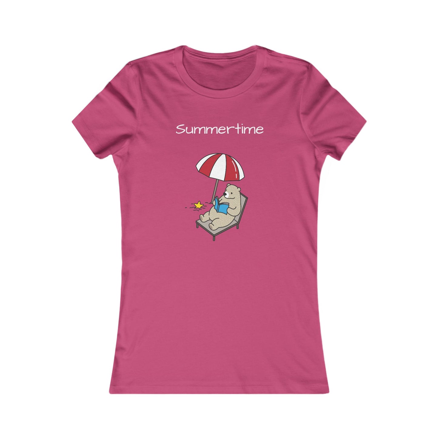 Pink summer bear graphic tee with a bear lounging under a red and white umbrella on a chair