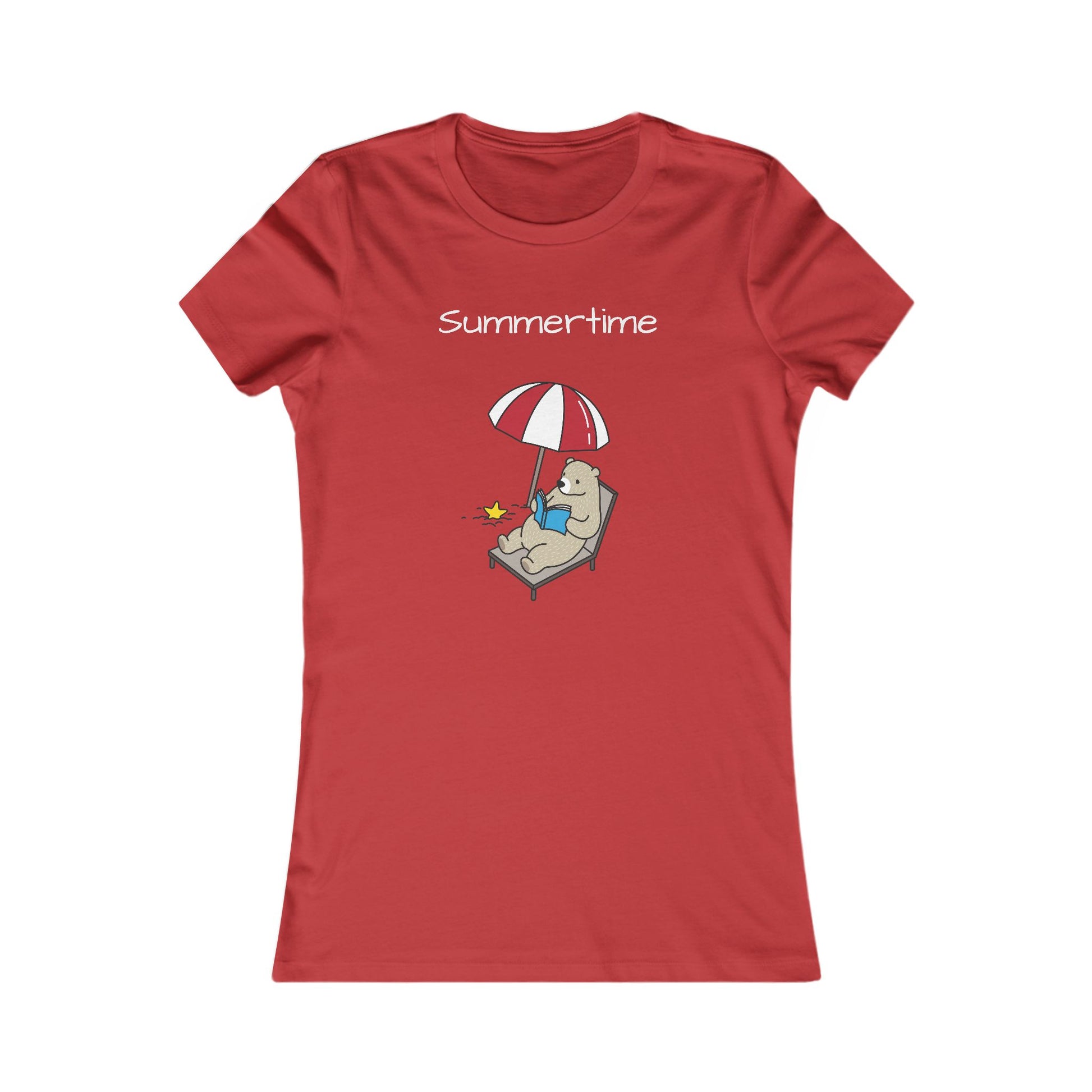 Red Printify t-shirt featuring a summer bear graphic tee with a bear lounging under an umbrella