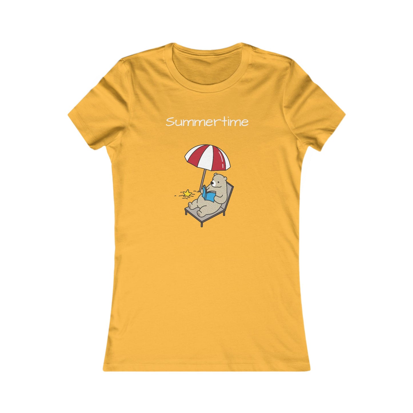 Yellow Printify summer bear graphic tee with bear relaxing on lounge chair under umbrella
