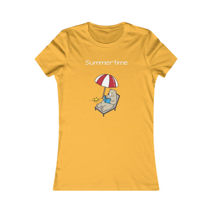 Yellow Printify summer bear graphic tee with bear relaxing on lounge chair under umbrella