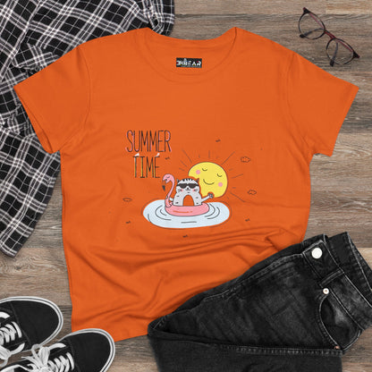Orange Printify T-shirt with summertime cat tee design featuring a cat floating on a pool ring under the sun