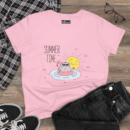 Pink Printify t-shirt with summertime cat tee design featuring a cat floating on a pool float under the sun