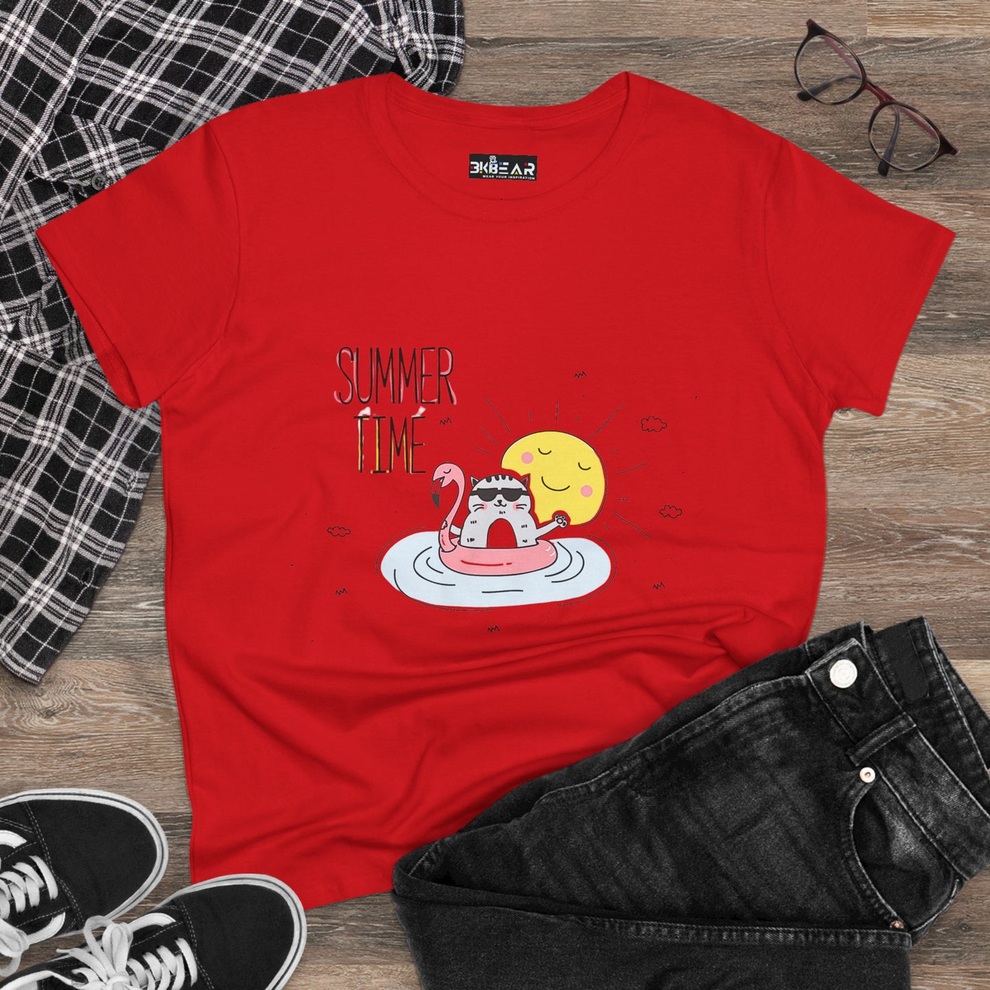 Red Printify T-shirt featuring a whimsical summertime cat tee design with cat and sun graphic