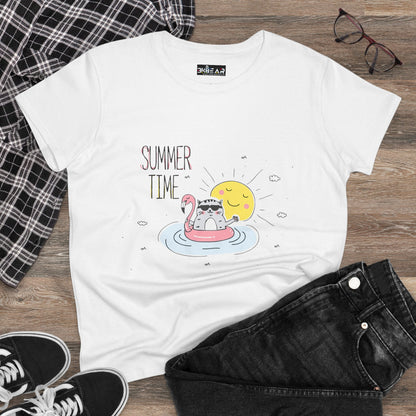 White Printify T-shirt with summertime cat tee design featuring cat on flamingo float and sun illustration