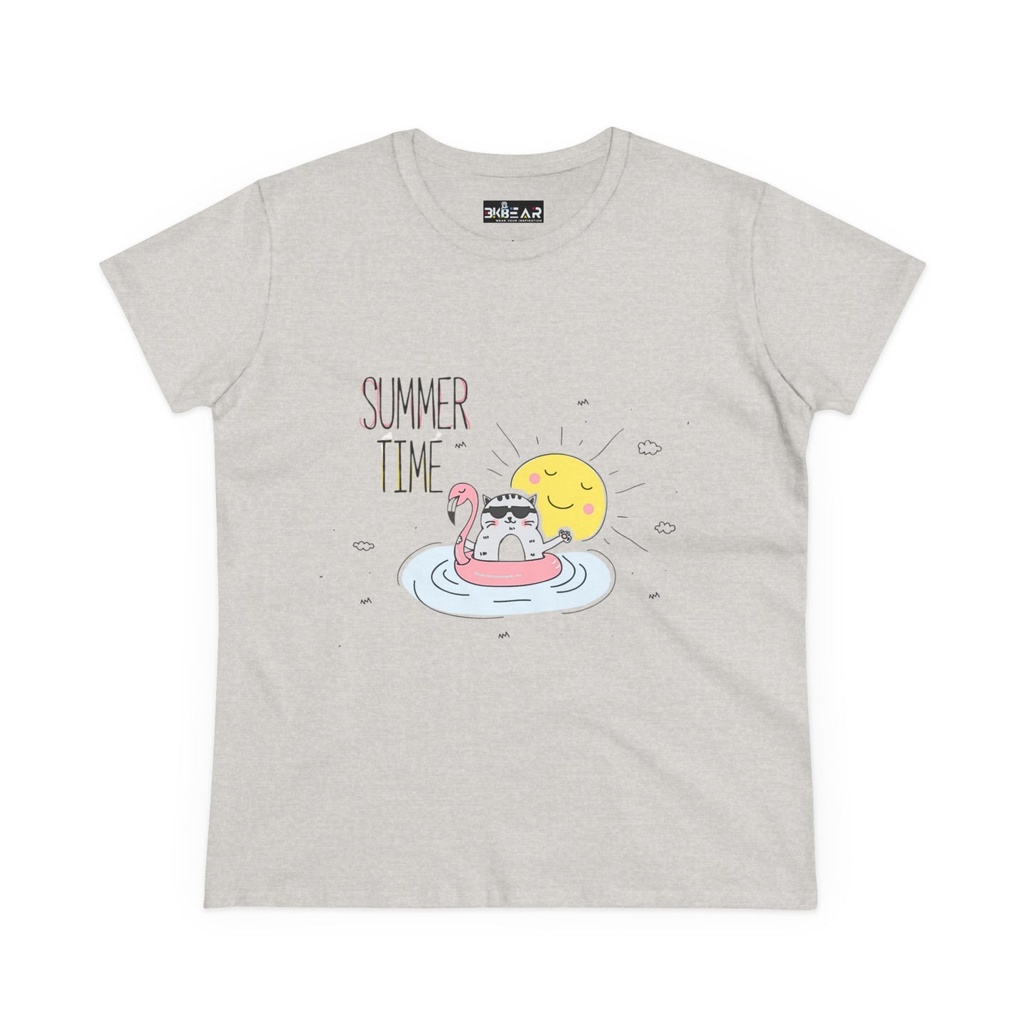 Printify summertime cat tee featuring a cat floating on a flamingo pool float with a smiling sun