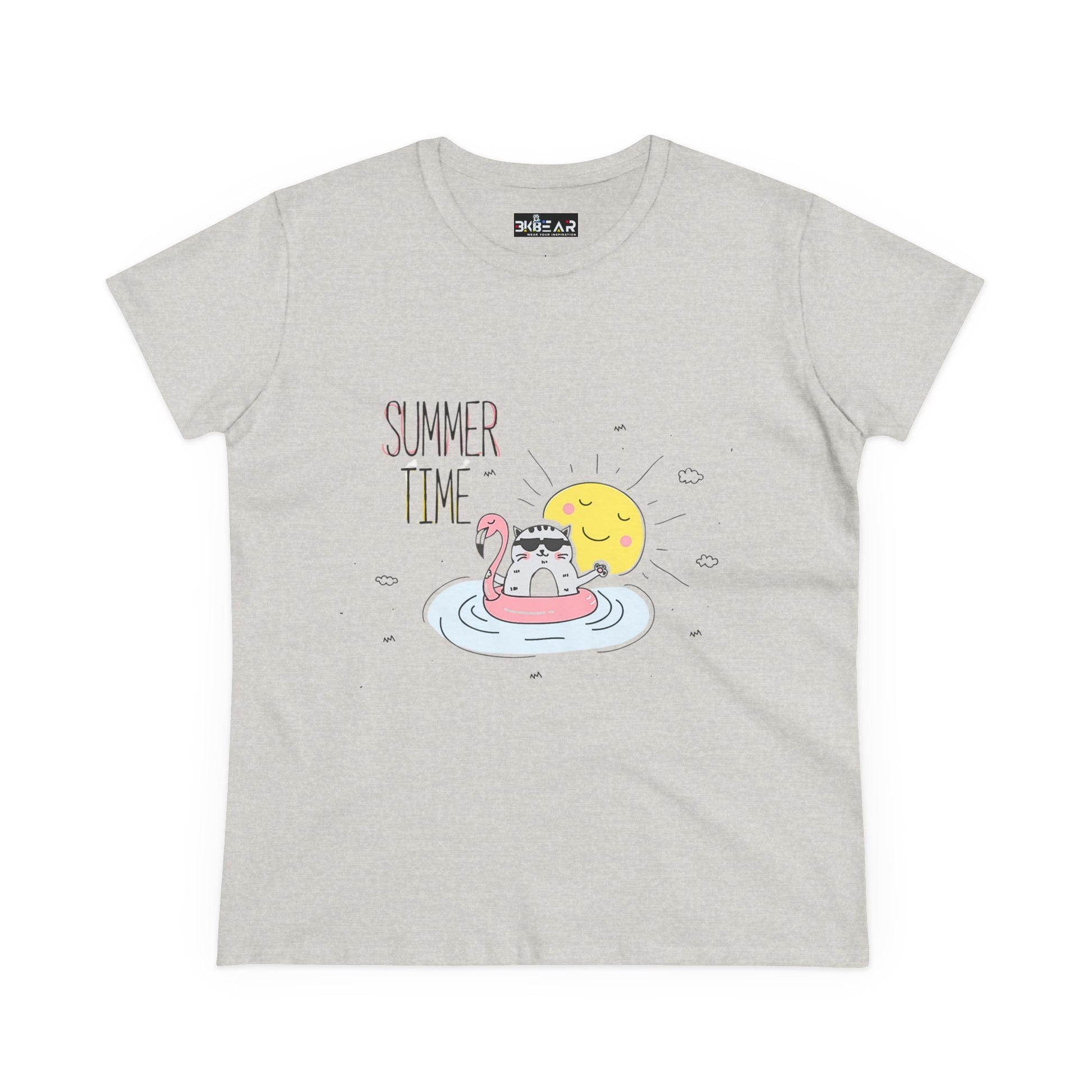 Printify summertime cat tee featuring a cat floating on a flamingo pool float with a smiling sun