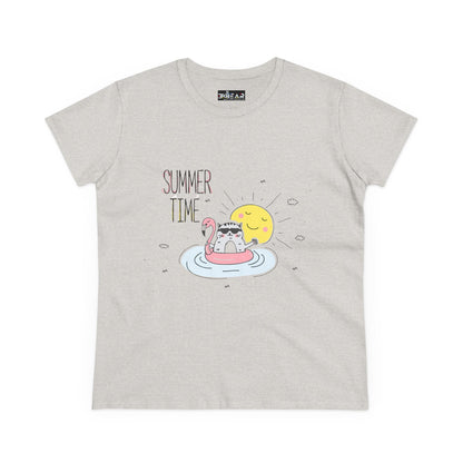 Printify summertime cat tee featuring a cat floating on a flamingo pool float with a smiling sun