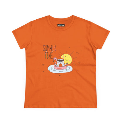 Orange Printify T-shirt featuring a summertime cat tee design with a cat floating on a pool ring and sun