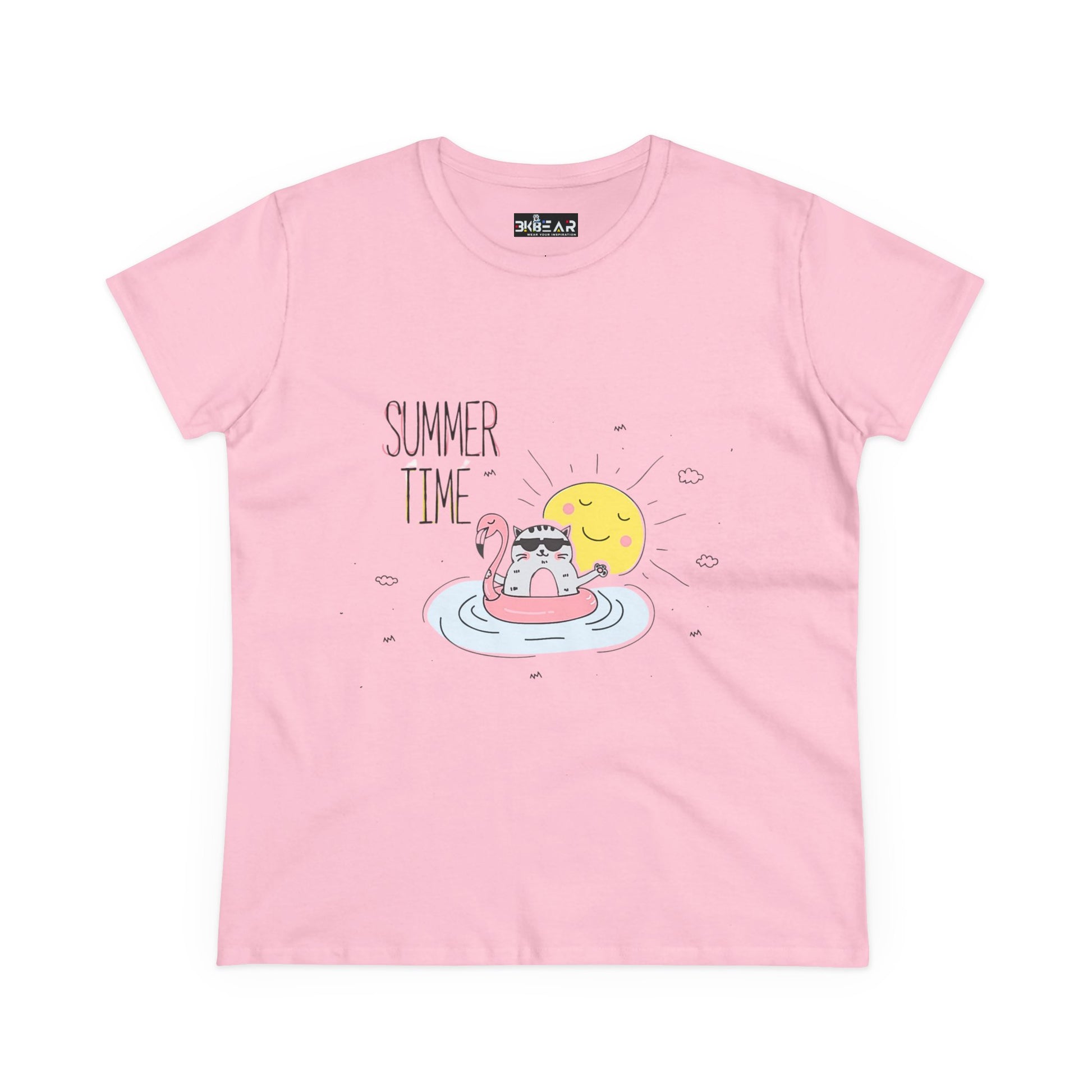 Pink Printify T-Shirt with summertime cat tee design featuring cat on float and sun graphic