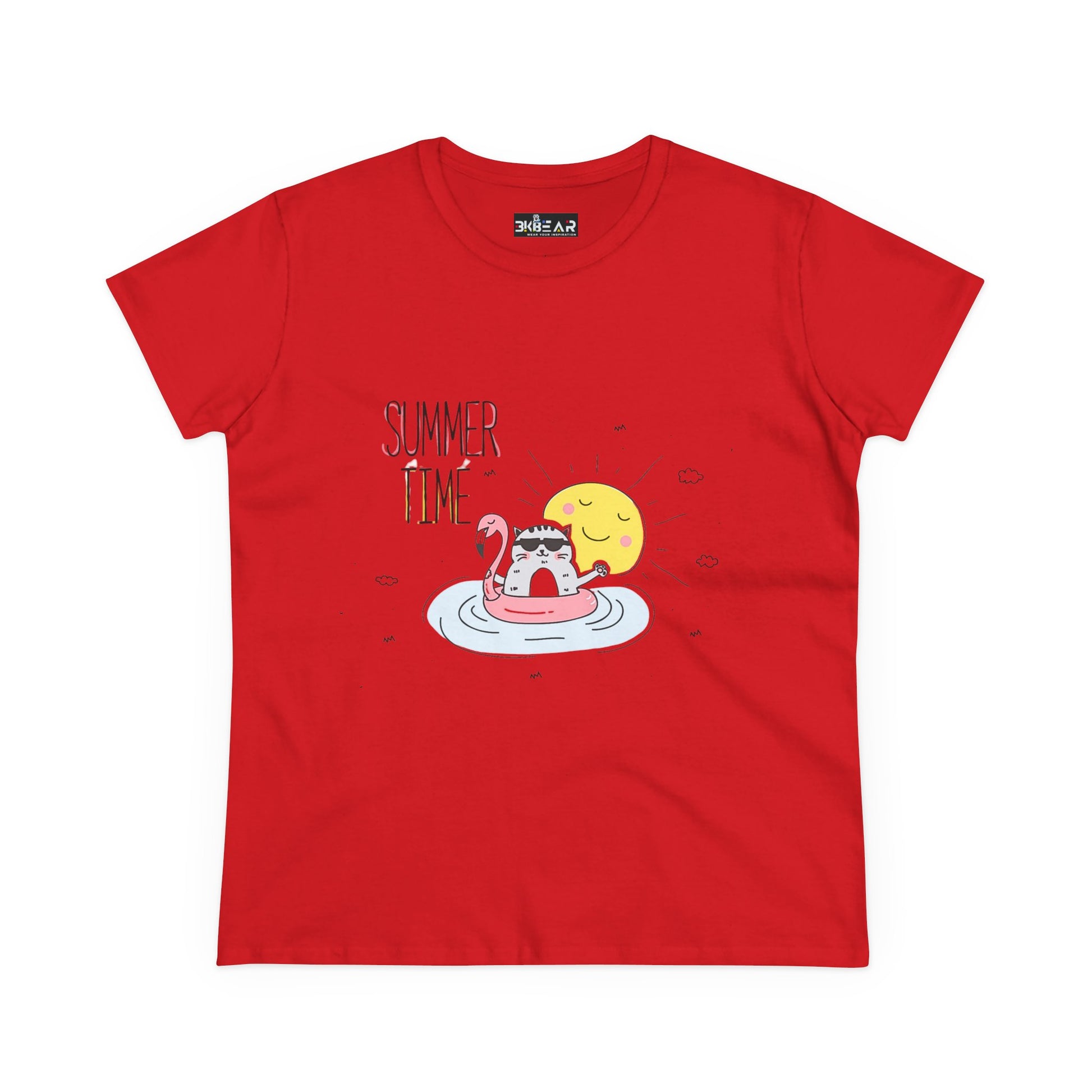 Red Printify t-shirt with summertime cat tee design featuring a cat on a flamingo float under the sun