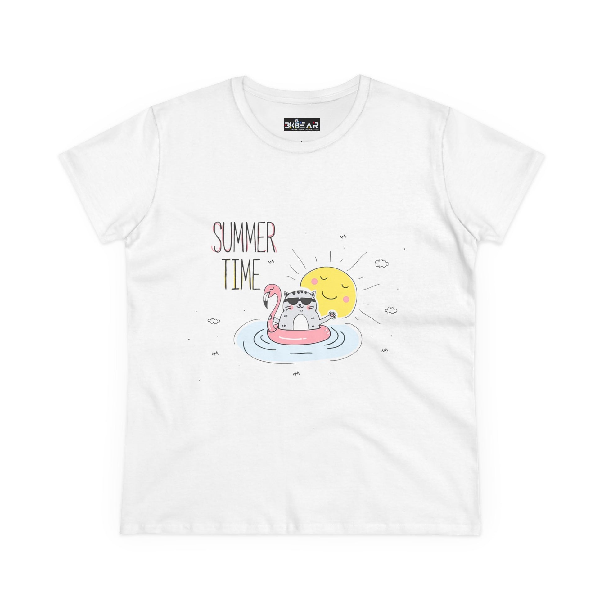 White Printify t-shirt featuring a summertime cat tee design with cat on float and sun graphic
