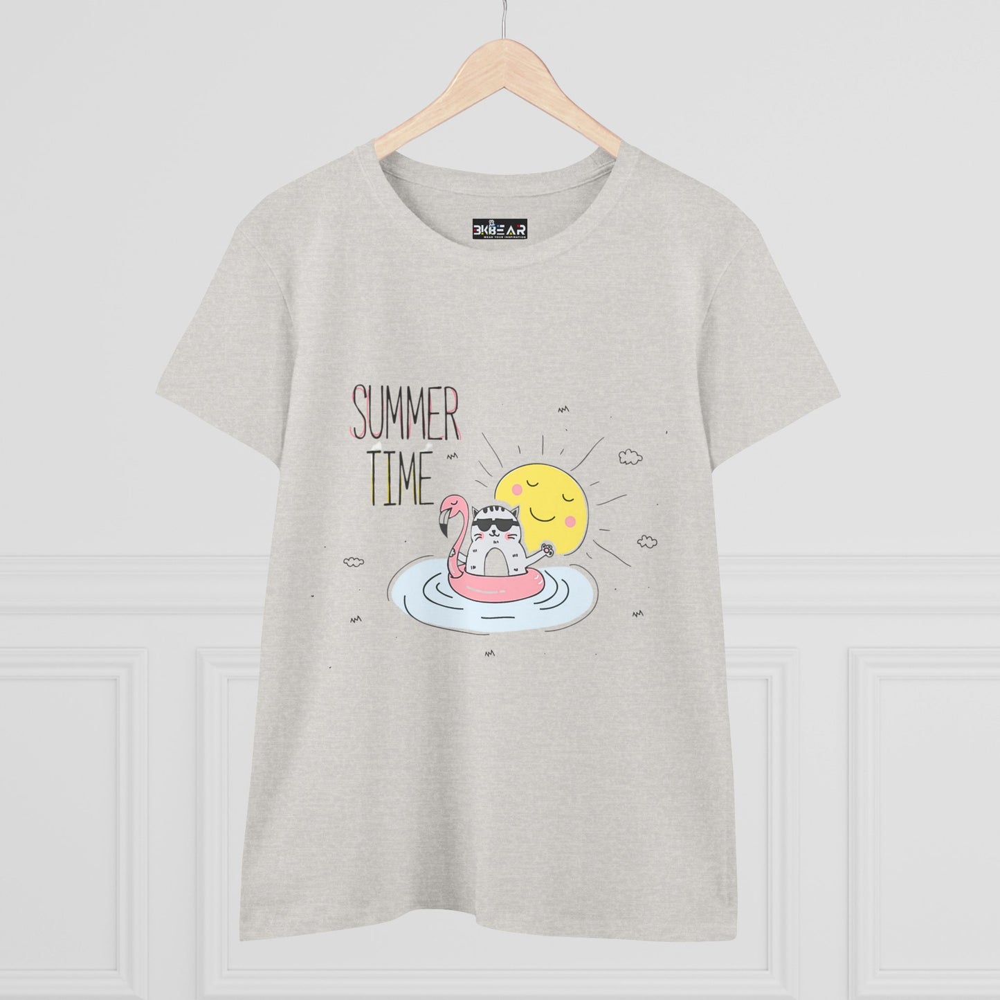Light gray summertime cat tee with cute cat floating on flamingo pool float and smiling sun