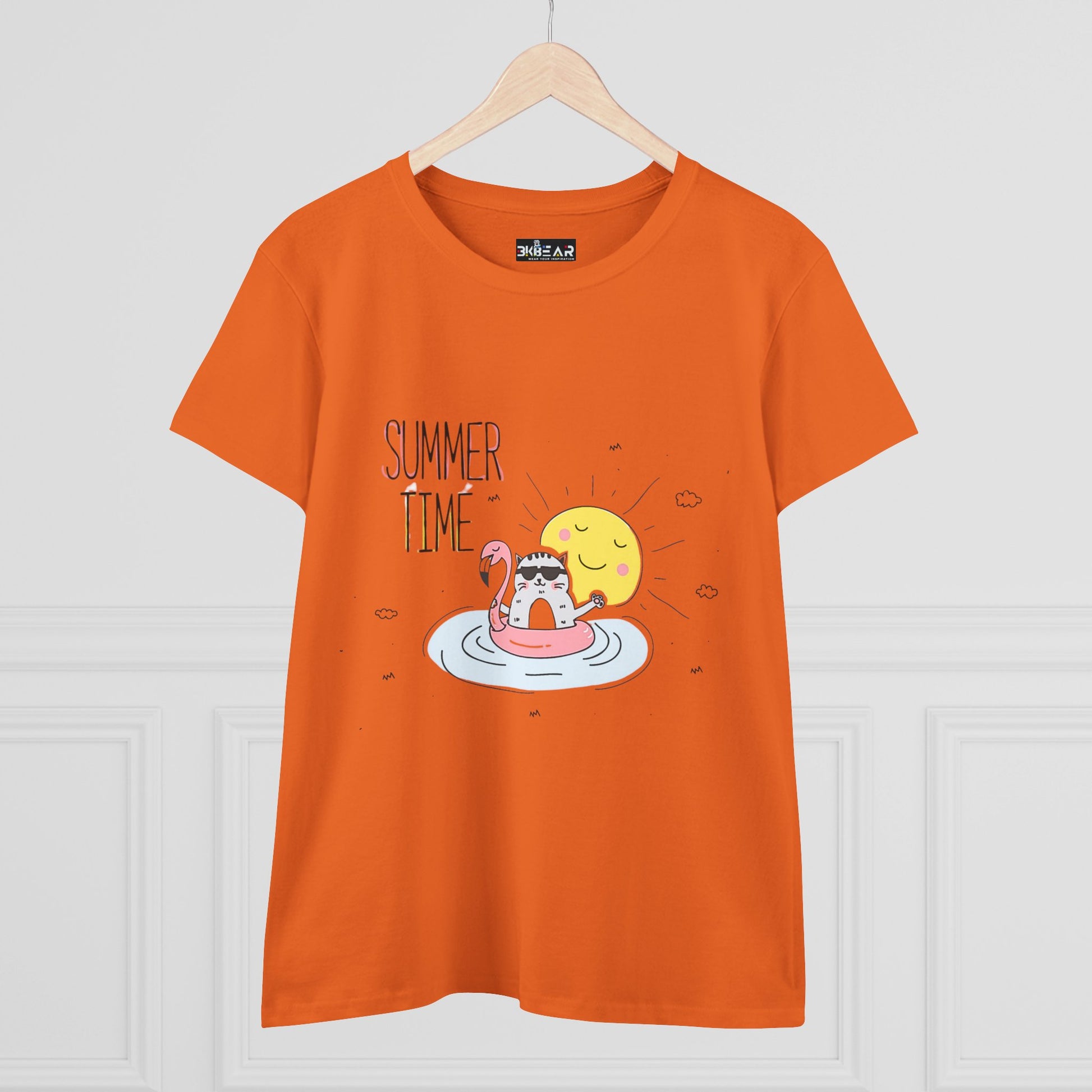 Orange Printify T-shirt with summertime cat tee design featuring a cat floating on an inflatable ring under a smiling sun