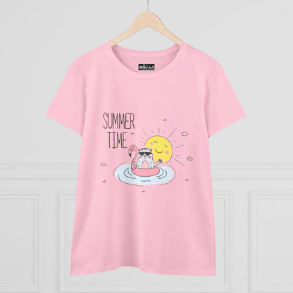 Pink Printify T-Shirt featuring a summertime cat tee design with cat in float ring and smiling sun