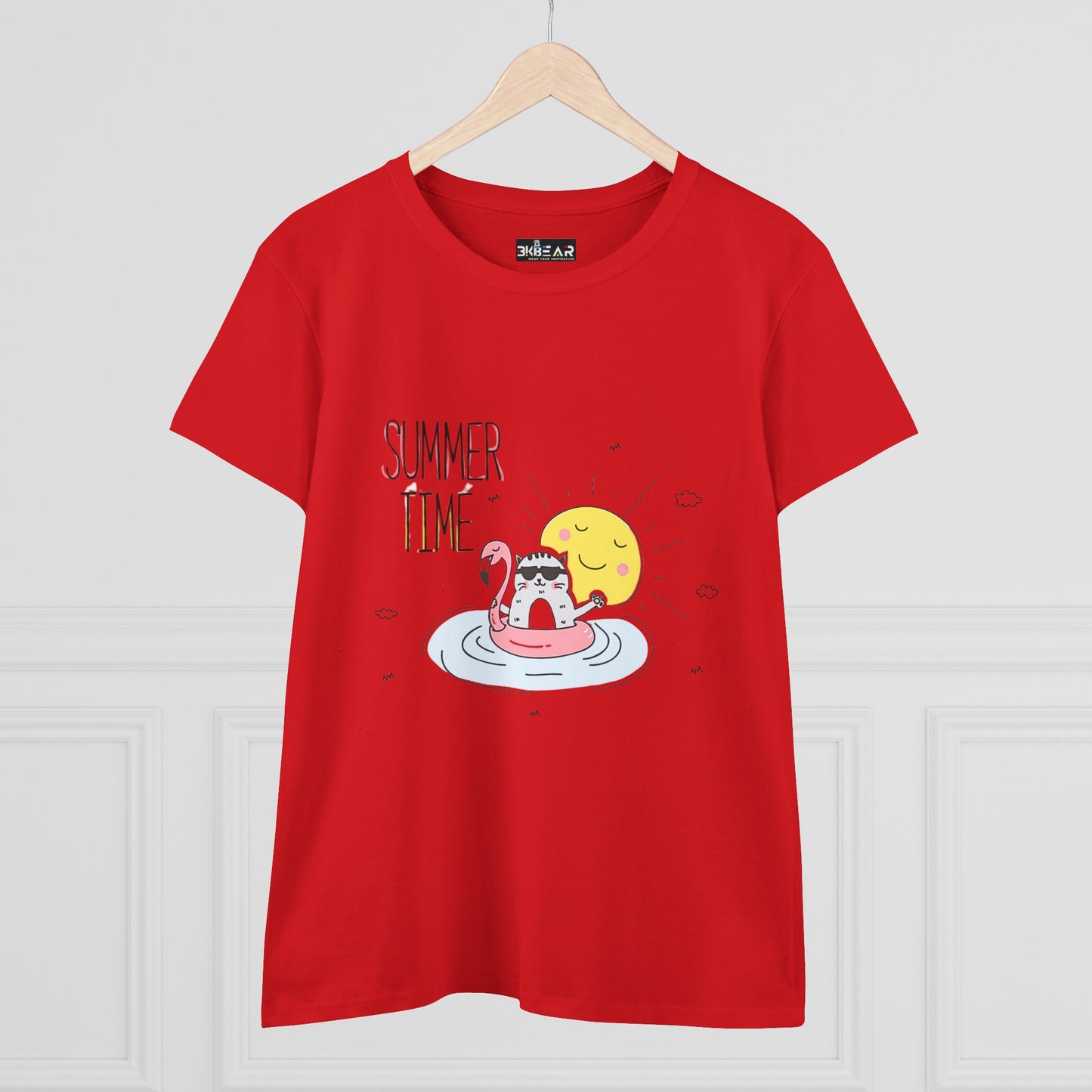 Red Printify T-Shirt with summertime cat tee design showing cat floating in pool on inflatable flamingo