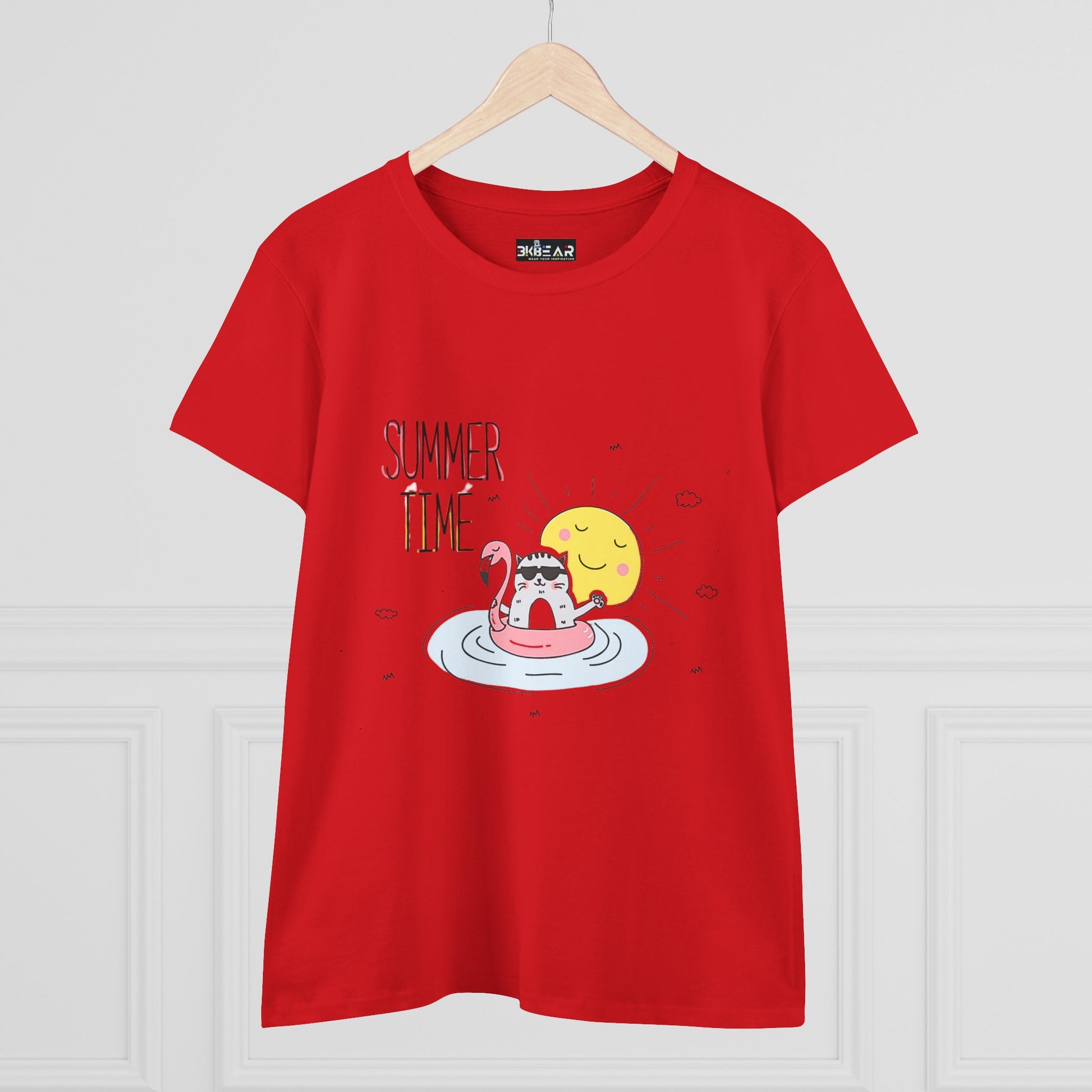 Red Printify T-Shirt with summertime cat tee design showing cat floating in pool on inflatable flamingo
