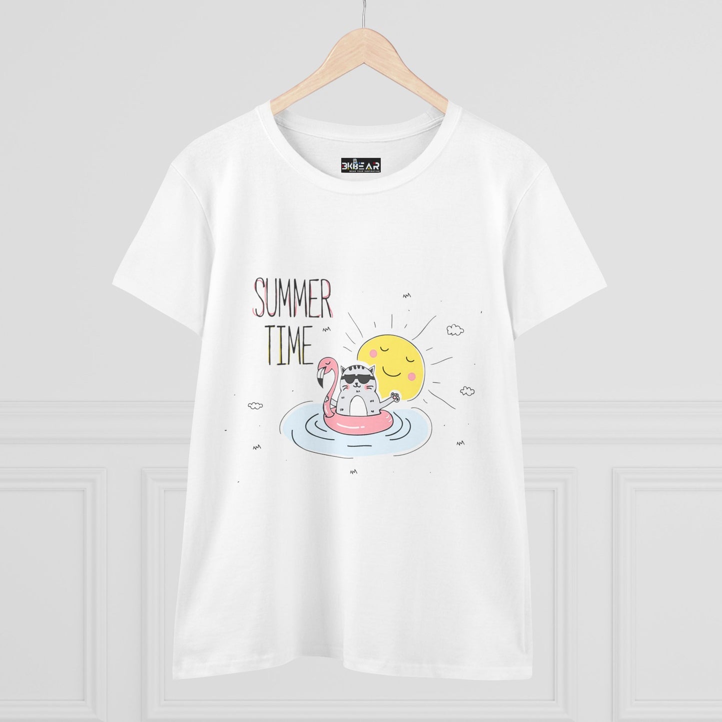 Printify white T-shirt featuring a summertime cat tee design with a cat on a flamingo float and sun