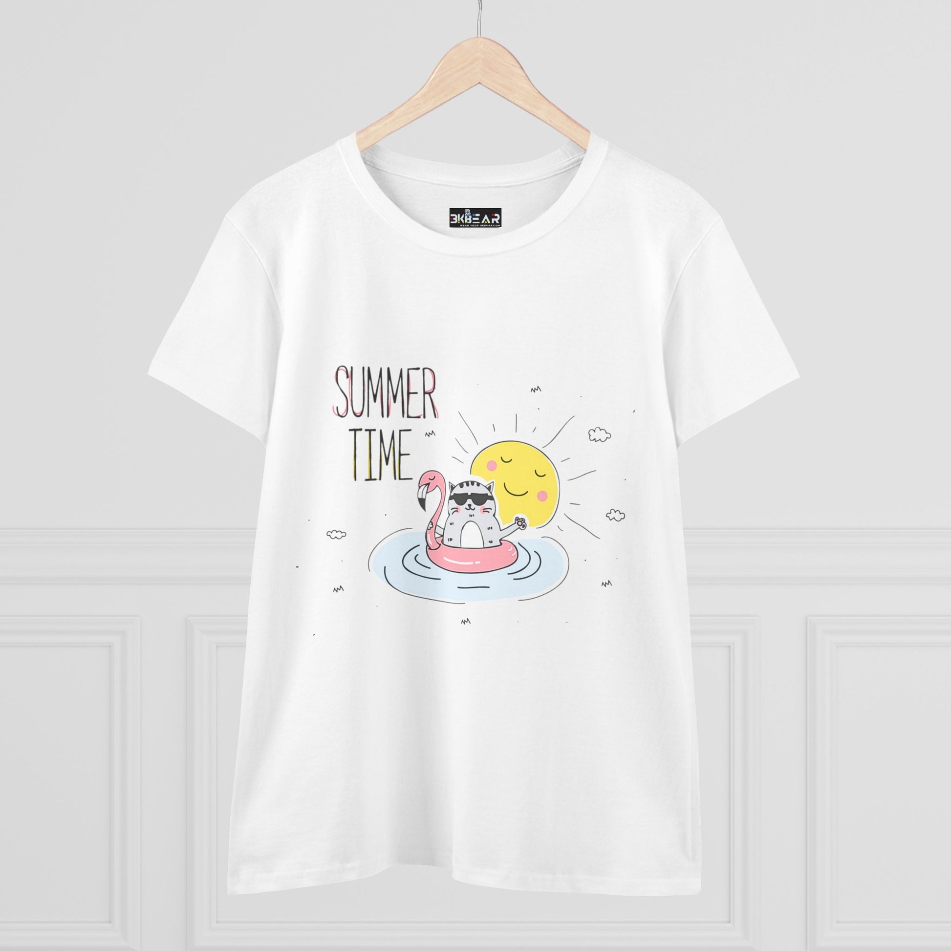 Printify white T-shirt featuring a summertime cat tee design with a cat on a flamingo float and sun