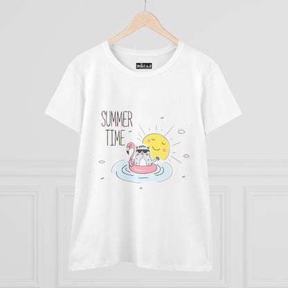 Printify white T-shirt featuring a summertime cat tee design with a cat on a flamingo float and sun