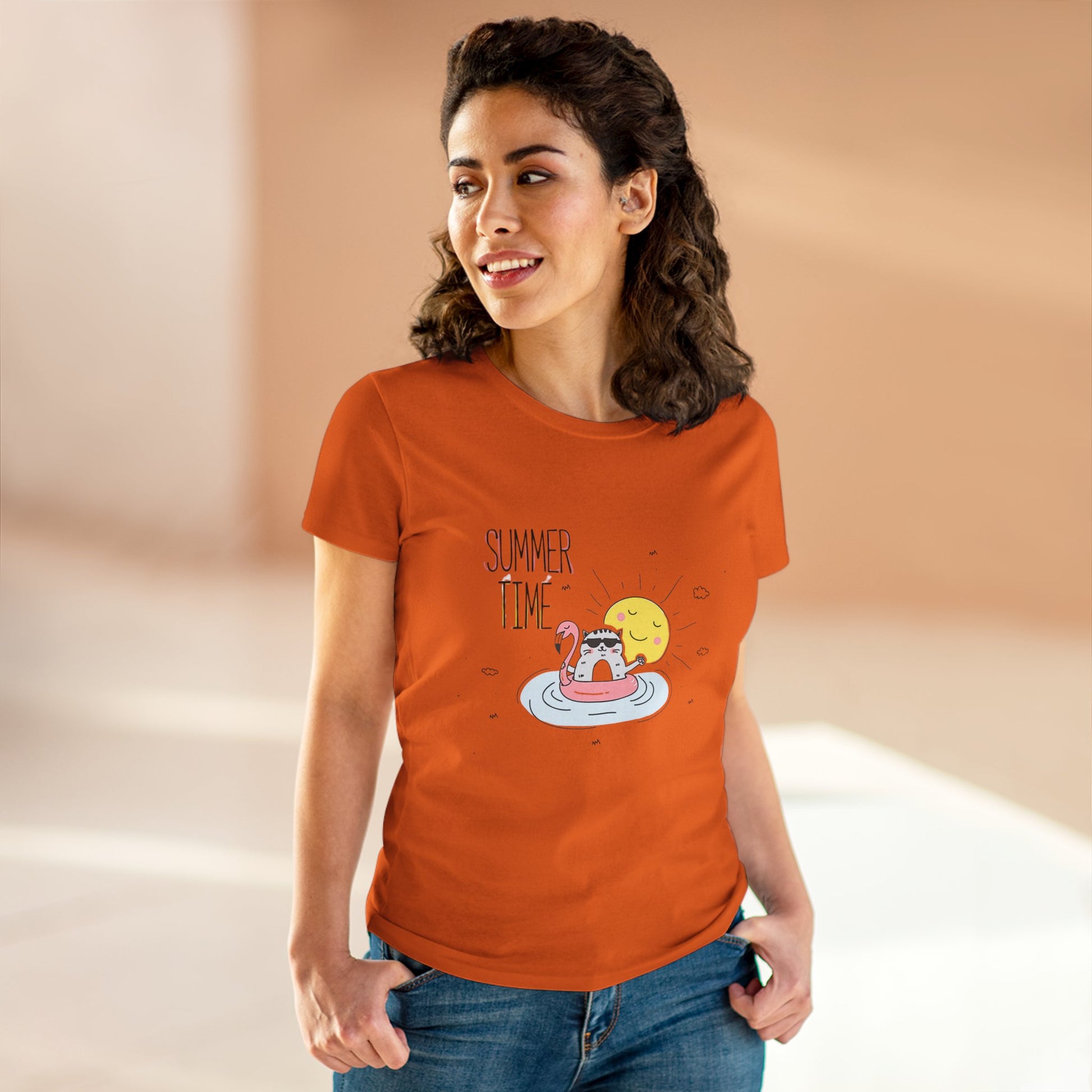 Printify orange summertime cat tee featuring a cat swimming with the sun graphic and summer time text